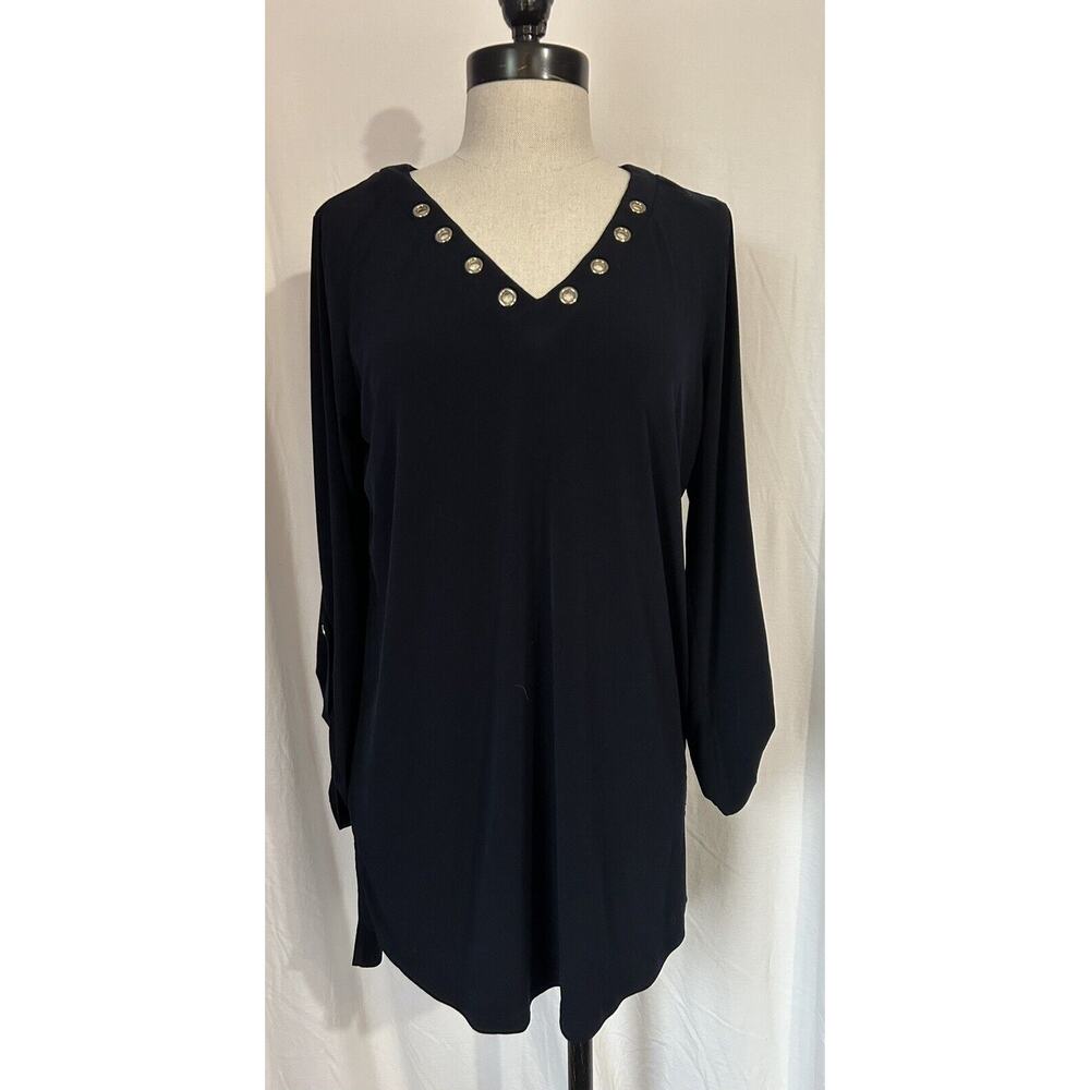 MICHAEL KORS Navy Polyester Spandex Blouse Top Tunic Vneck 3/4 Sleeve Womens M